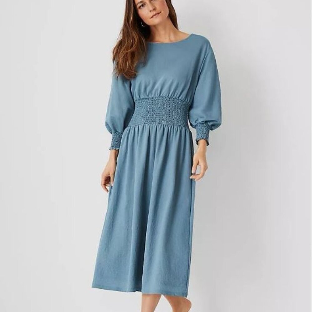 Ann Taylor Smocked Waist Flare Midi Dress Long Sleeve Linen Dress Size XS Petite